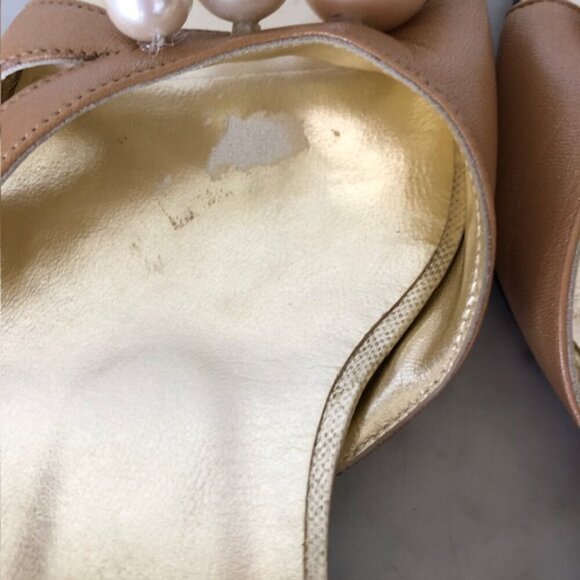 CHRISTIAN LACROIX Faux Pearl Gold Triangle Heel Tan Slide Sandal 5.5 - Picture 14 of 17